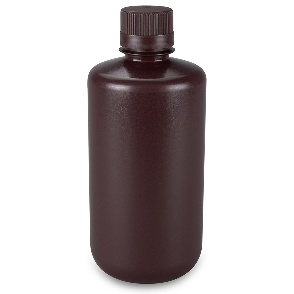 Globe Scientific Bottle, Narrow Mouth, Boston Round, Amber HDPE with Amber PP Closure, 1000mL, Bulk Packed with Bottles and Caps Bagged Separately, 50/Case Bottle;Round;HDPE;1000mL;Narrow Mouth;Amber